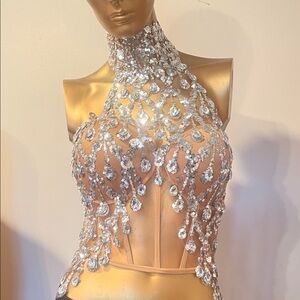 Embellished Crystal Halter Bodysuit - Silver Crystal Accents